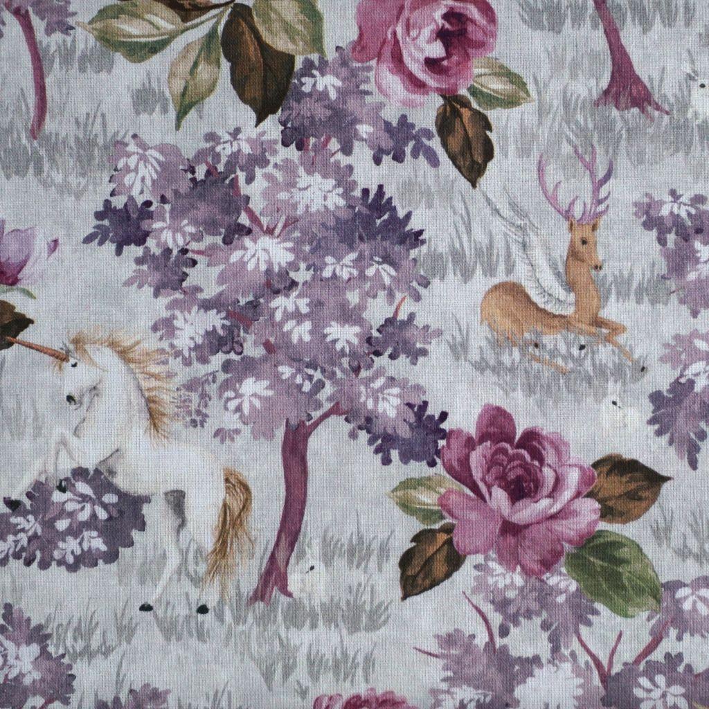 Preview: Baumwollstoff Motivdruck Einhorn Hirsch Rosen lila